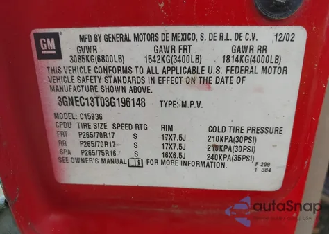 2003 Chevrolet Avalanche 1500 z USA, uszkodzony, nr VIN 3GNEC13T03G196148